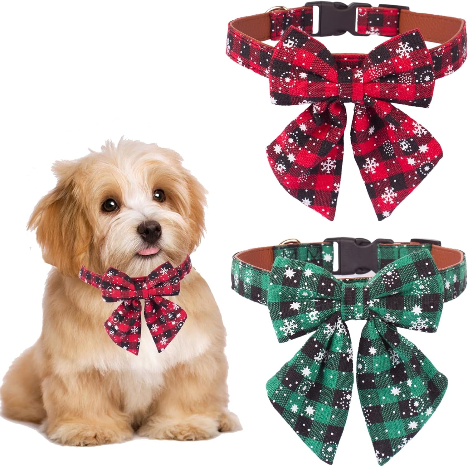 Stylish Festive Plaid Dog Collars with Bow Ties - 2 Pack for Large Dogs