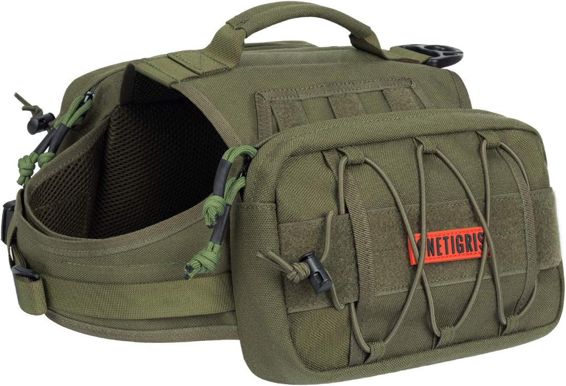 Onetigris Tactical Dog Backpack - Heavy-Duty Nylon Pack for Medium & Large Dogs with Side Pockets for Hiking, Walking, and Training (Green, Large)