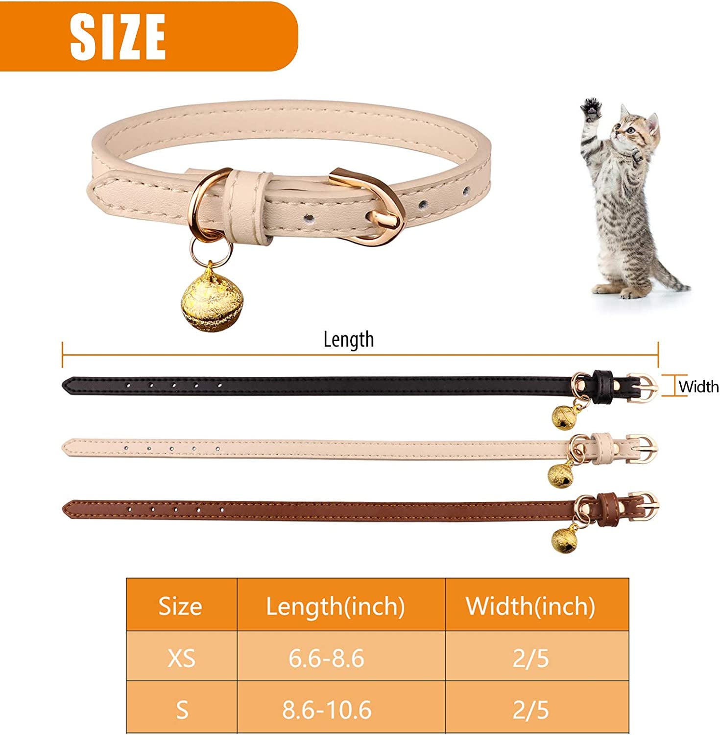 Chic 3-Pack Leather Cat Collars with Bells - Soft & Safe XS Kitten Collars in Black, Chocolate, and Beige