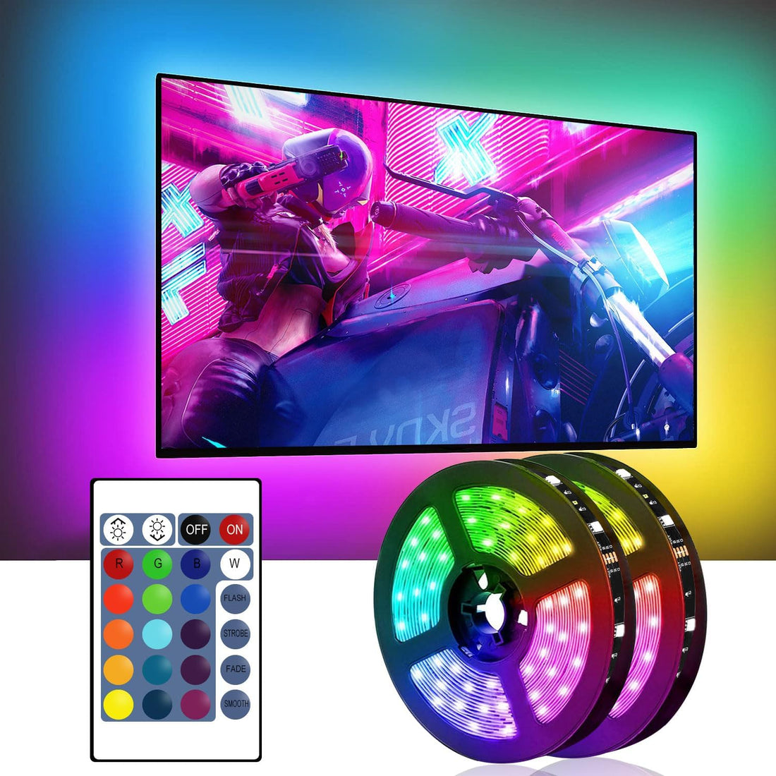32.8Ft RGB LED Strip Lights with 24-Button Remote - Ideal for TV, Bedroom, Kitchen, and Desk Ambiance