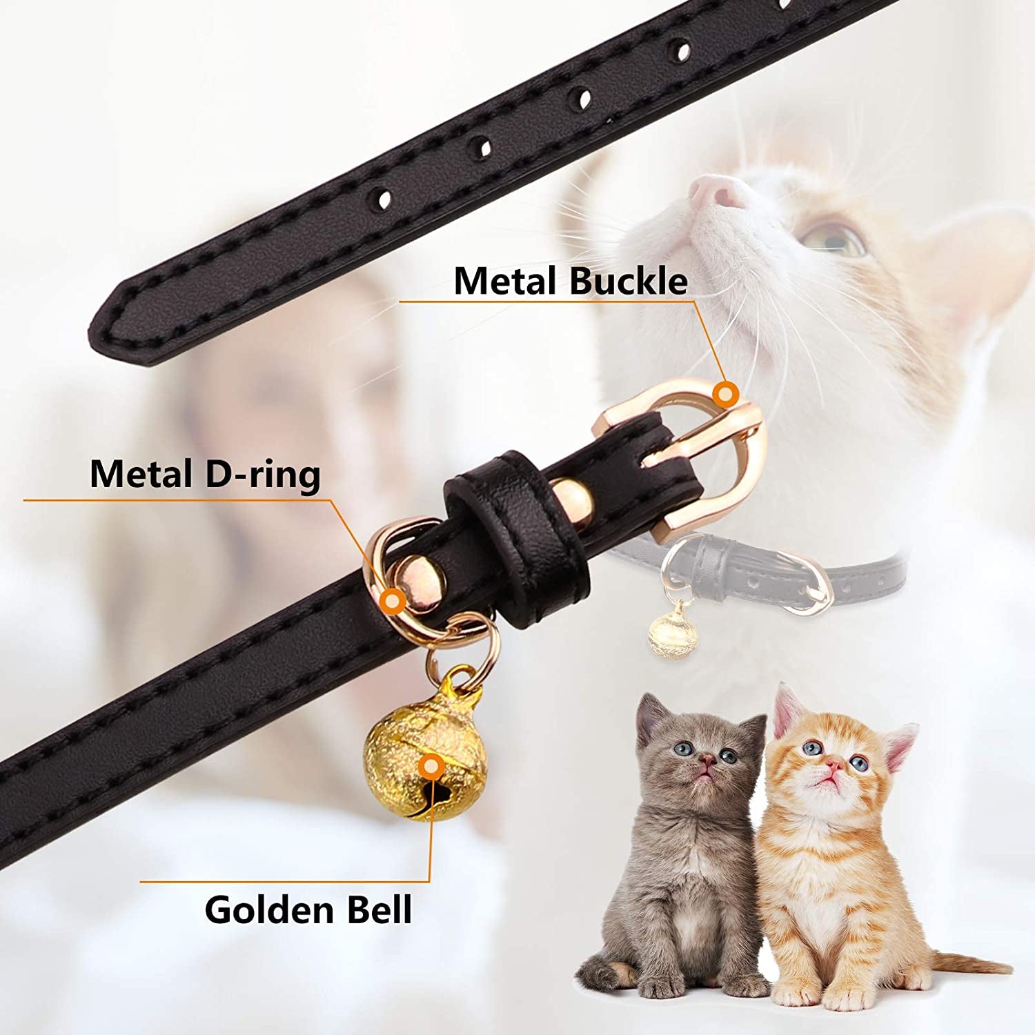 Chic 3-Pack Leather Cat Collars with Bells - Soft & Safe XS Kitten Collars in Black, Chocolate, and Beige