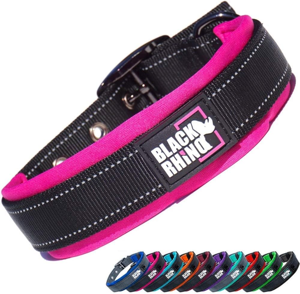 Ultra Soft Black Rhino Heavy Duty Reflective Dog Collar for Medium Breeds - Adjustable, Weatherproof & Lightweight Comfort in Stylish Purple/Black