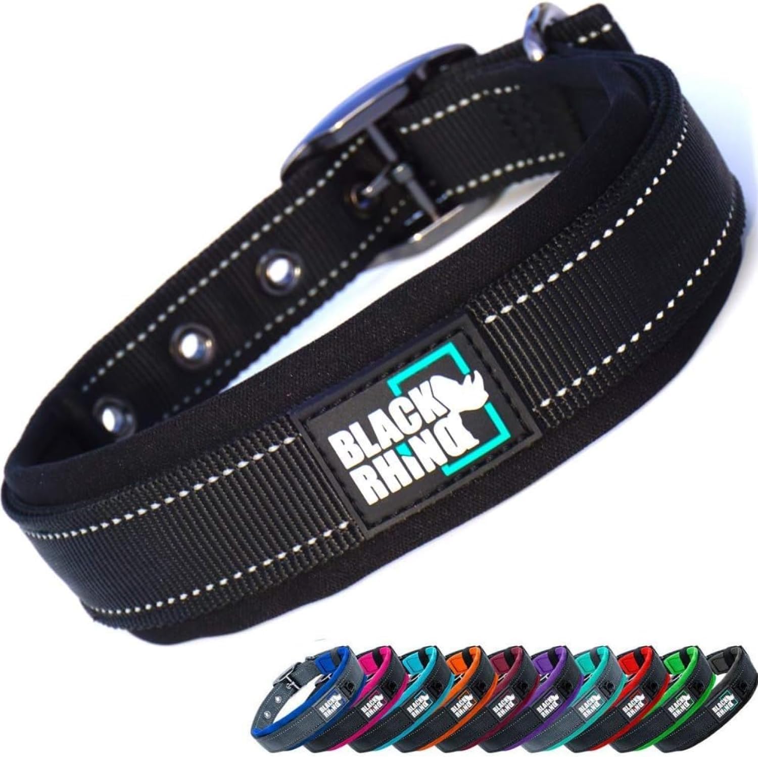 Ultra Soft Black Rhino Heavy Duty Reflective Dog Collar for Medium Breeds - Adjustable, Weatherproof & Lightweight Comfort in Stylish Purple/Black