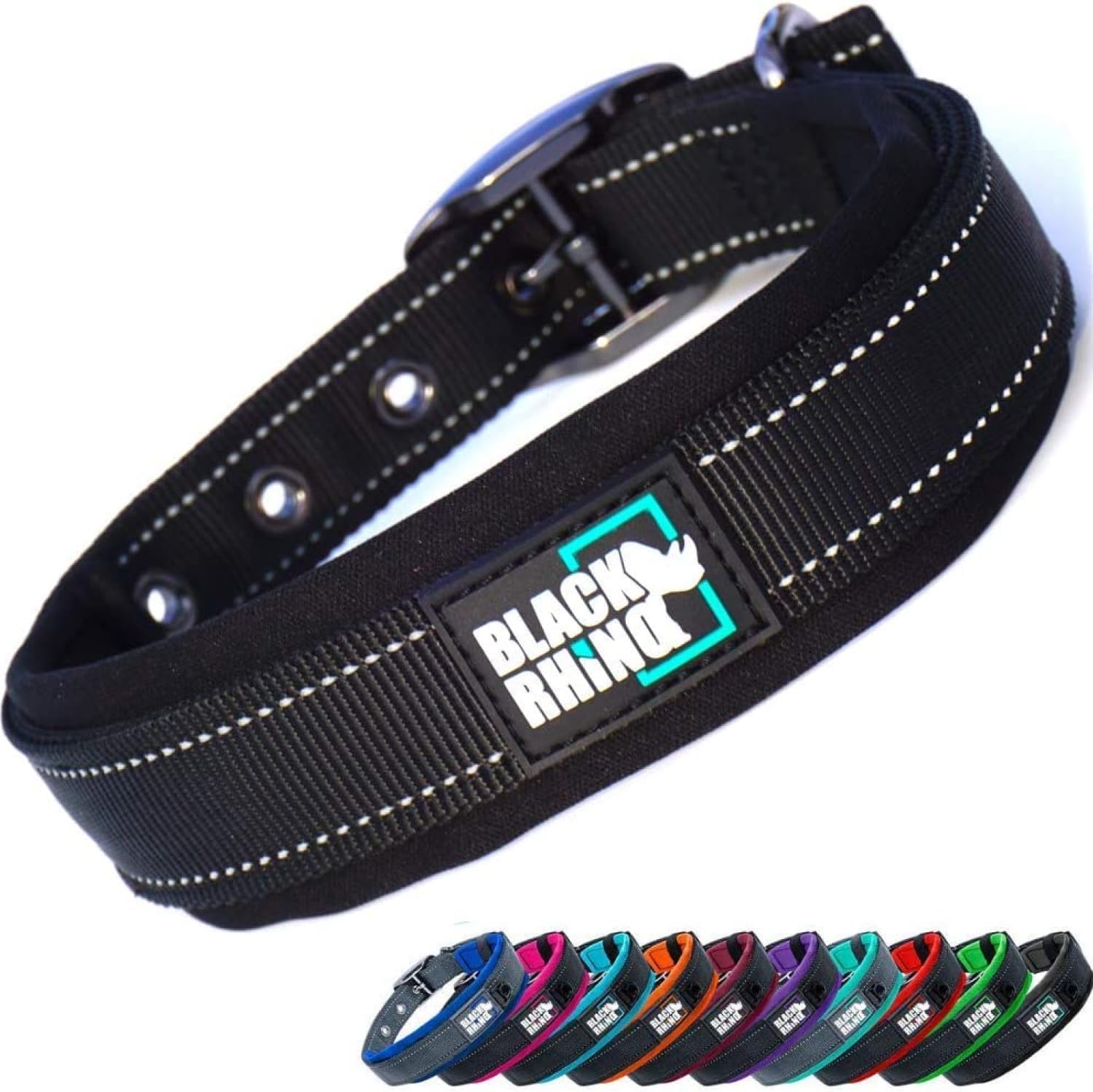 Ultra Soft Black Rhino Heavy Duty Reflective Dog Collar for Medium Breeds - Adjustable, Weatherproof & Lightweight Comfort in Stylish Purple/Black