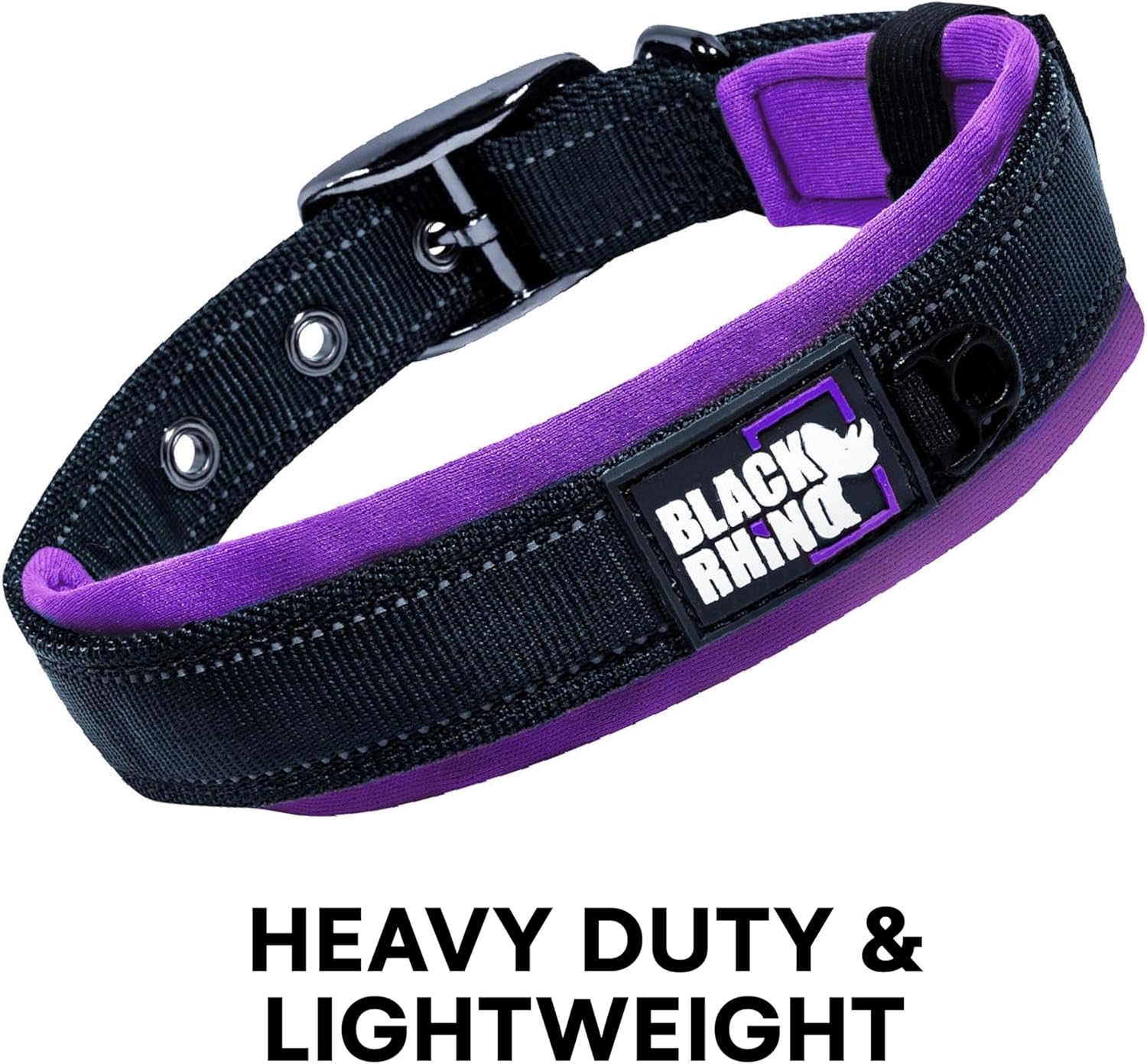 Ultra Soft Black Rhino Heavy Duty Reflective Dog Collar for Medium Breeds - Adjustable, Weatherproof & Lightweight Comfort in Stylish Purple/Black