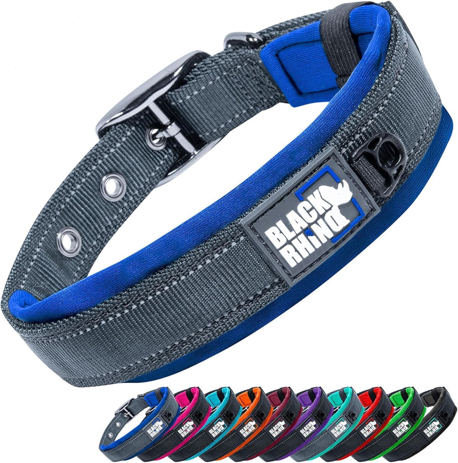 Ultra Soft Black Rhino Heavy Duty Reflective Dog Collar for Medium Breeds - Adjustable, Weatherproof & Lightweight Comfort in Stylish Purple/Black