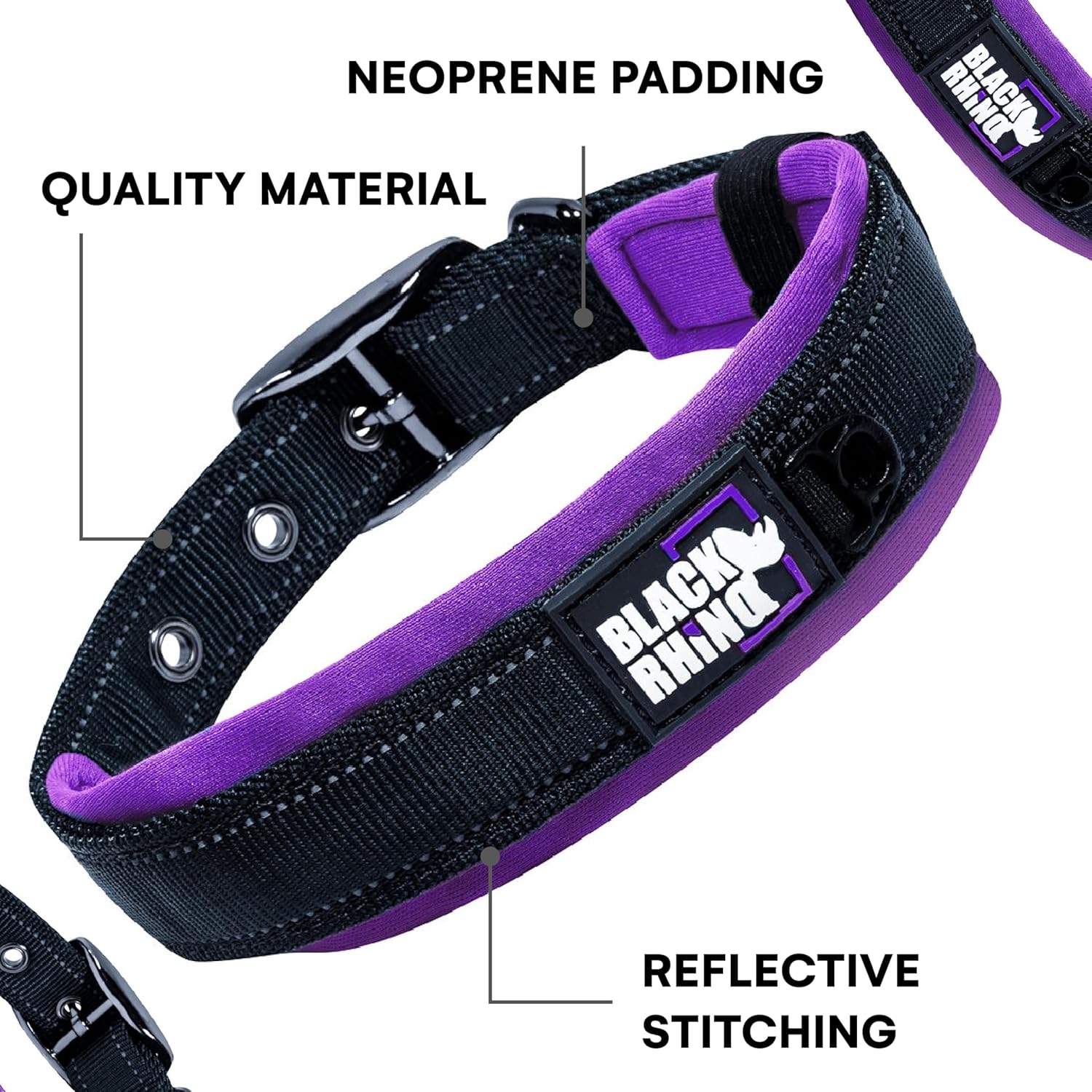 Ultra Soft Black Rhino Heavy Duty Reflective Dog Collar for Medium Breeds - Adjustable, Weatherproof & Lightweight Comfort in Stylish Purple/Black