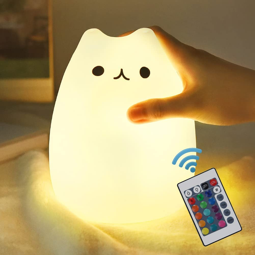 Charming Cat Lamp Set - Neojoy Remote Control Silicone Night Light for Kids & Toddlers, Rechargeable Kawaii Design, 4-Piece White Collection