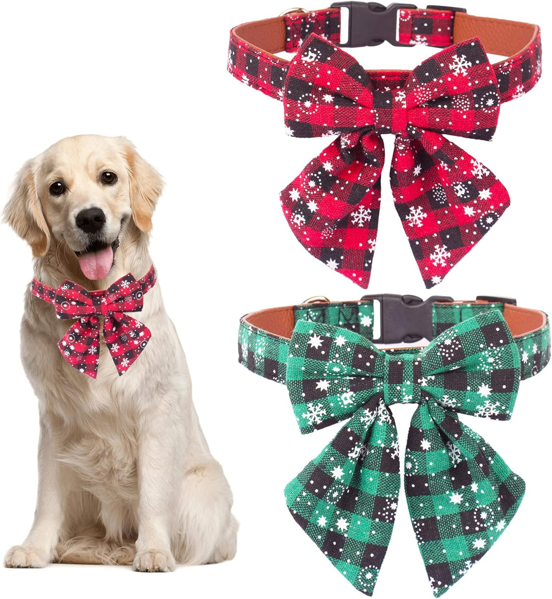 Stylish Festive Plaid Dog Collars with Bow Ties - 2 Pack for Large Dogs