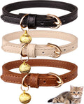 Chic 3-Pack Leather Cat Collars with Bells - Soft & Safe XS Kitten Collars in Black, Chocolate, and Beige