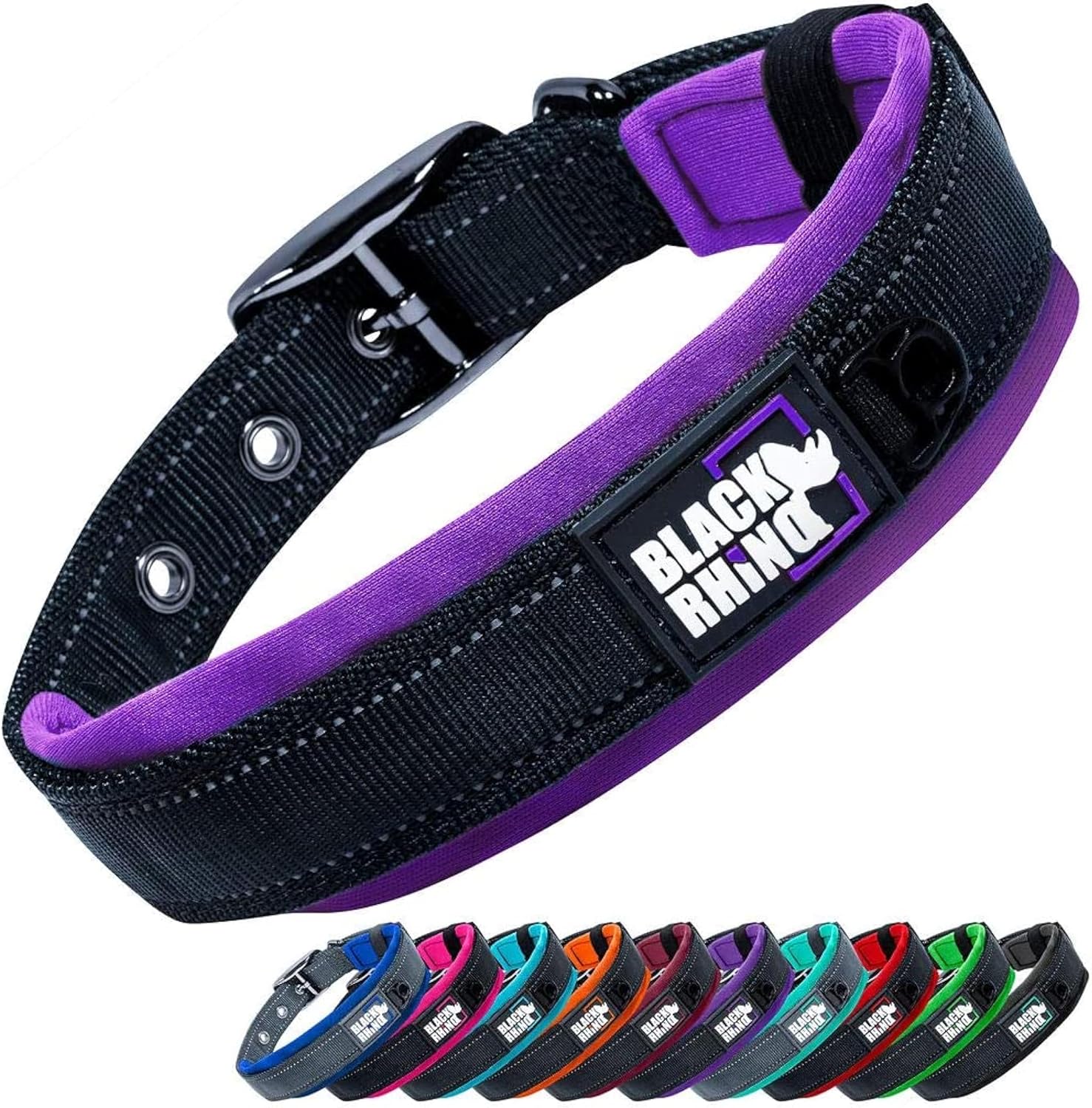 Ultra Soft Black Rhino Heavy Duty Reflective Dog Collar for Medium Breeds - Adjustable, Weatherproof & Lightweight Comfort in Stylish Purple/Black