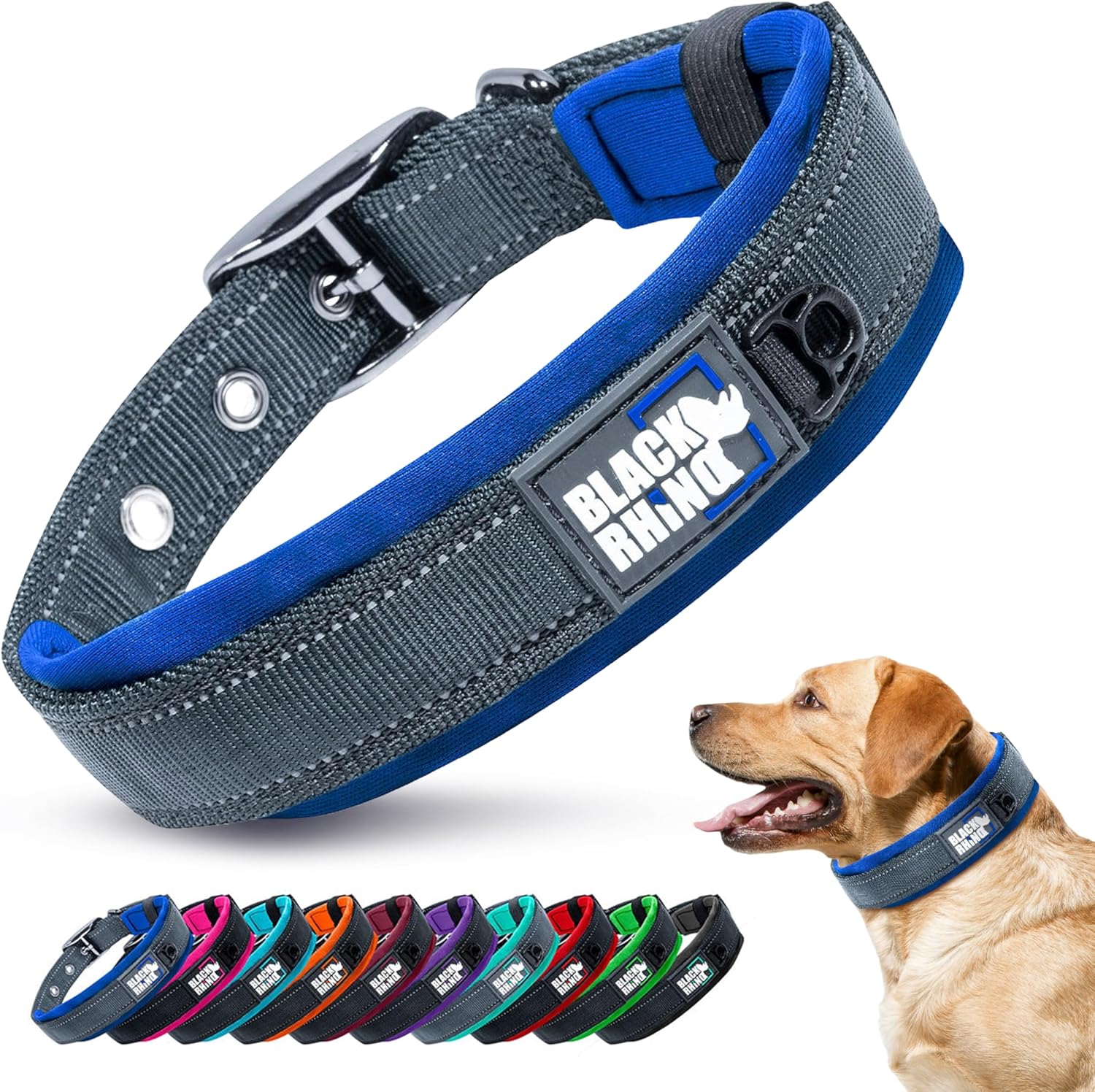 Ultra Soft Black Rhino Heavy Duty Reflective Dog Collar for Medium Breeds - Adjustable, Weatherproof & Lightweight Comfort in Stylish Purple/Black