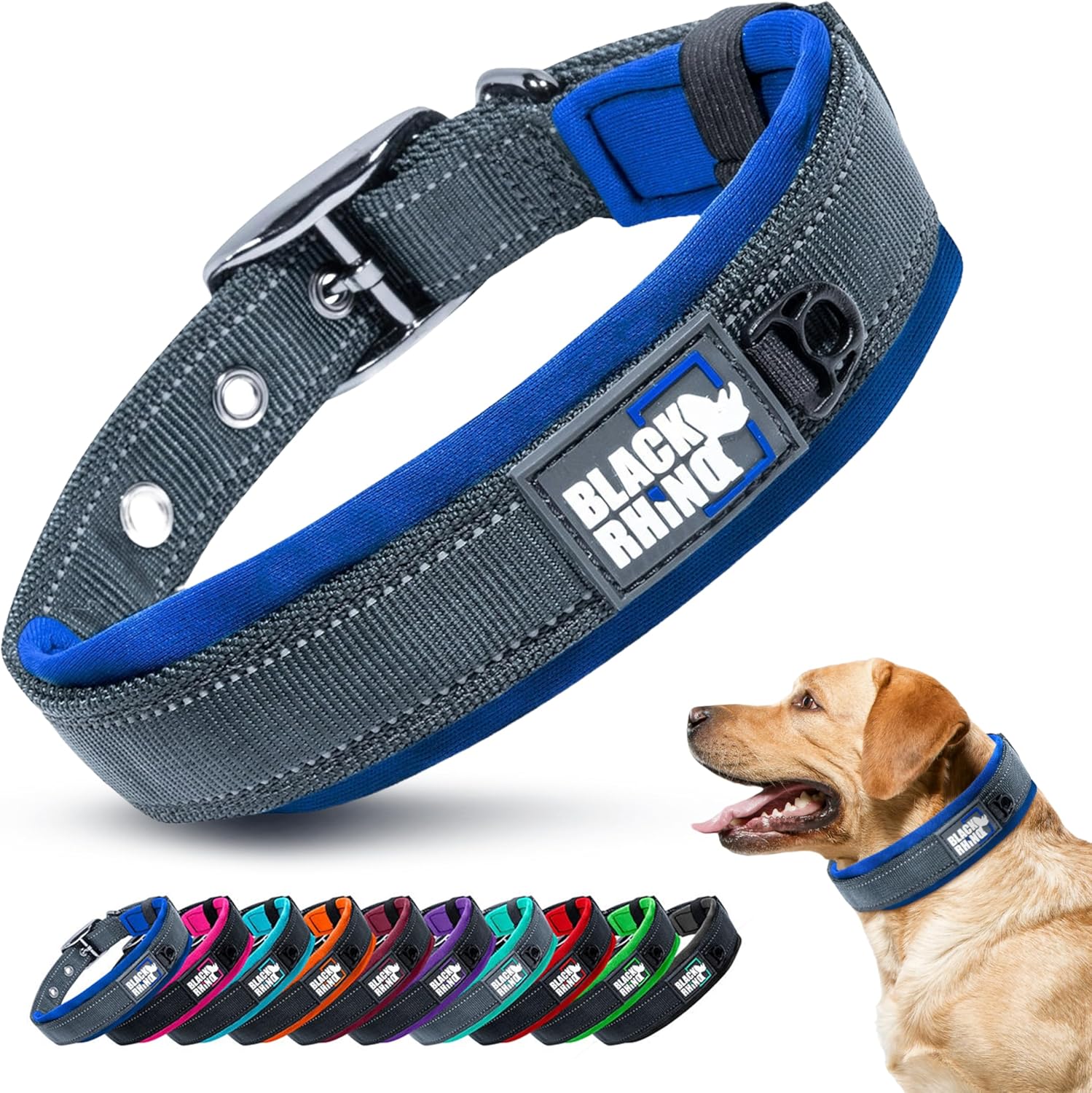Ultra Soft Black Rhino Heavy Duty Reflective Dog Collar for Medium Breeds - Adjustable, Weatherproof & Lightweight Comfort in Stylish Purple/Black