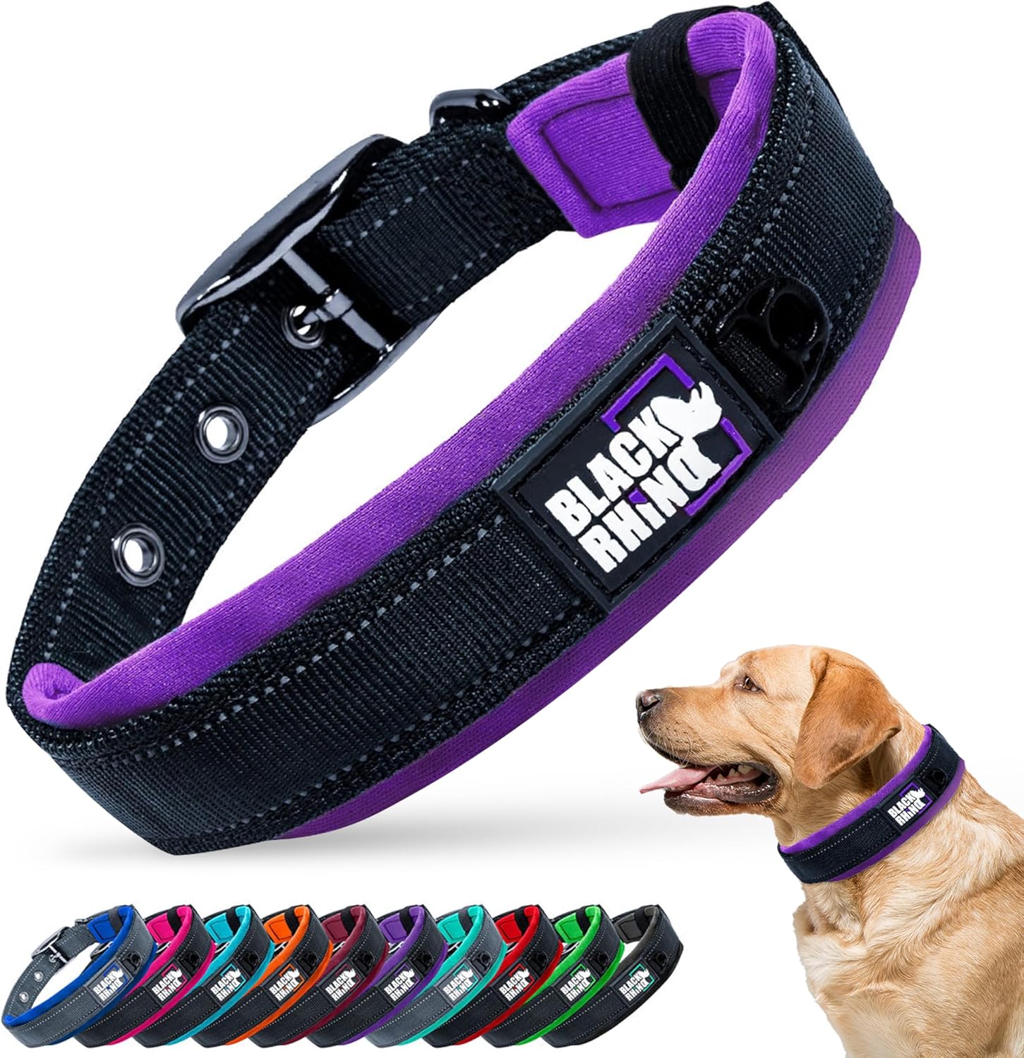 Ultra Soft Black Rhino Heavy Duty Reflective Dog Collar for Medium Breeds - Adjustable, Weatherproof & Lightweight Comfort in Stylish Purple/Black
