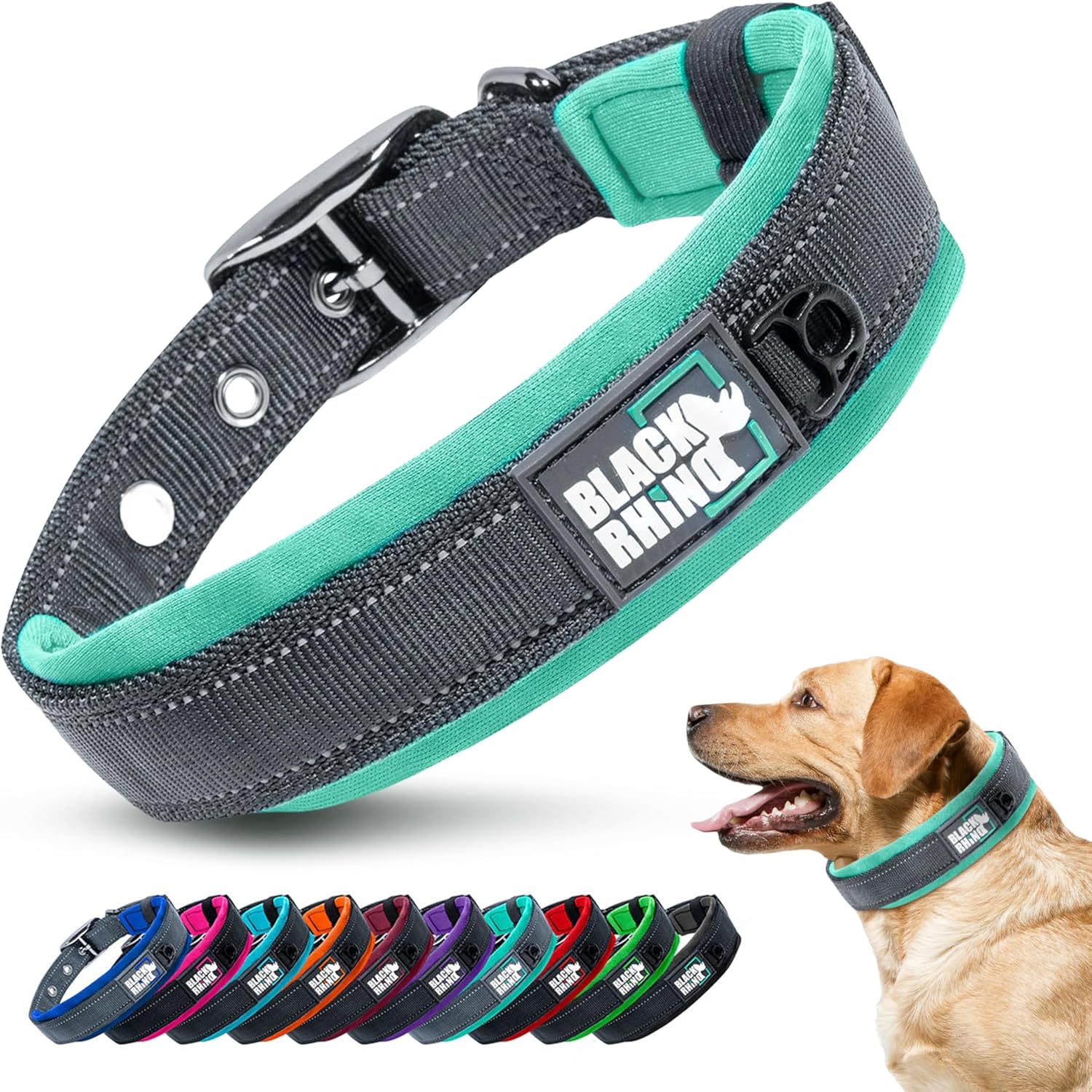 Ultra Soft Black Rhino Heavy Duty Reflective Dog Collar for Medium Breeds - Adjustable, Weatherproof & Lightweight Comfort in Stylish Purple/Black