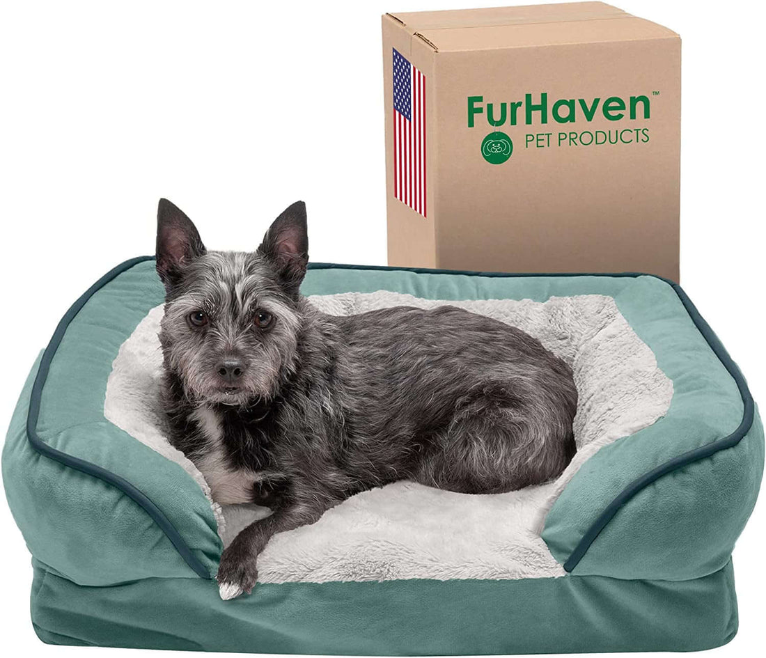 Furhaven Orthopedic Dog Bed for Small Dogs - Plush Velvet Sofa with Removable Bolsters & Washable Cover, Ideal for Pets up to 20 lbs - Celadon Green