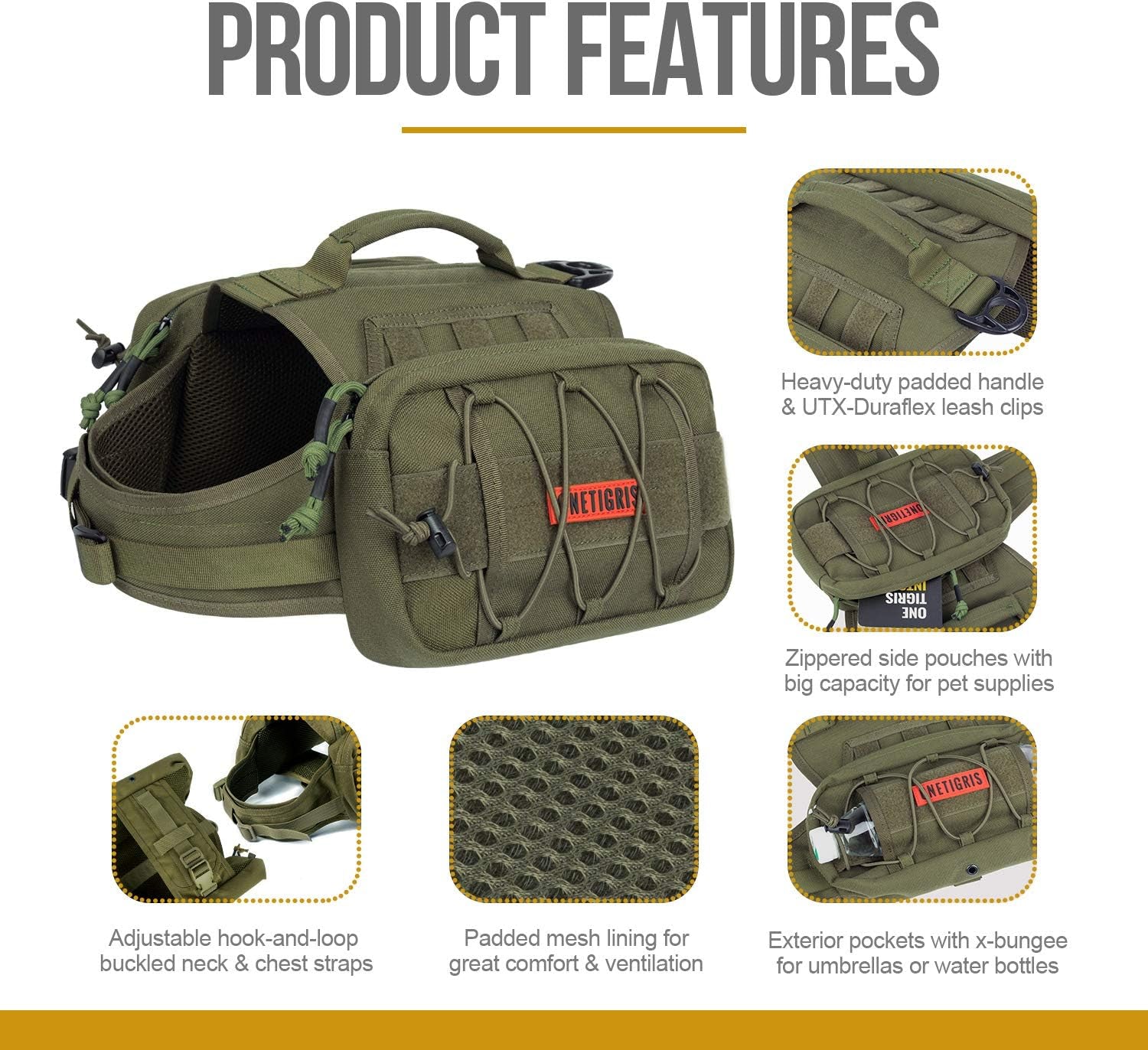 Onetigris Tactical Dog Backpack - Heavy-Duty Nylon Pack for Medium & Large Dogs with Side Pockets for Hiking, Walking, and Training (Green, Large)