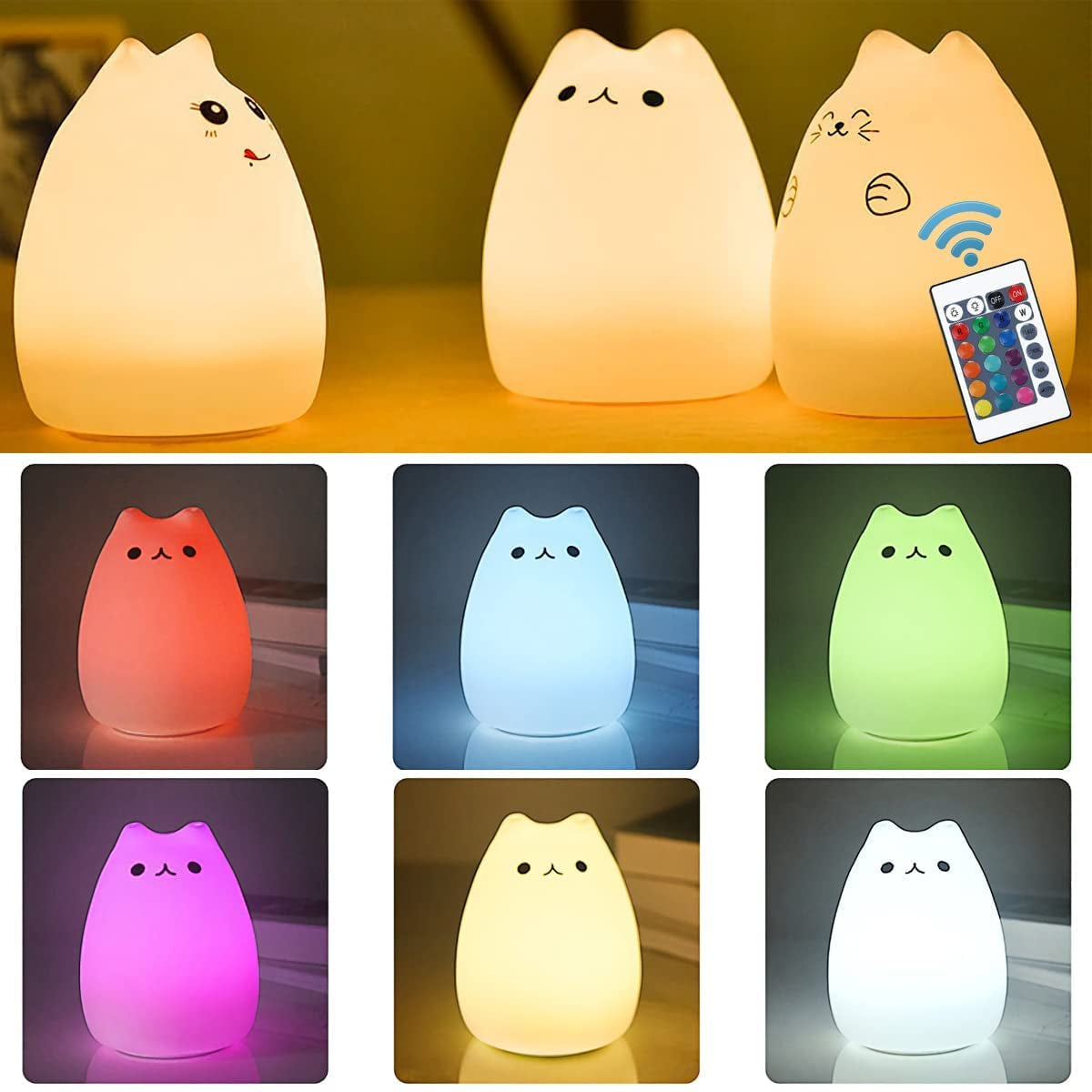 Charming Cat Lamp Set - Neojoy Remote Control Silicone Night Light for Kids & Toddlers, Rechargeable Kawaii Design, 4-Piece White Collection