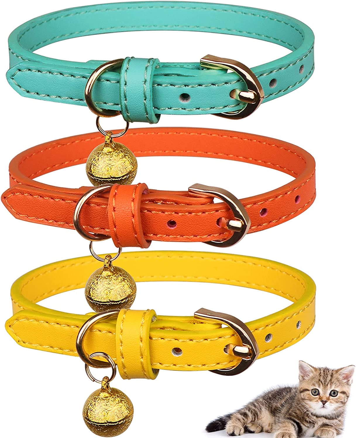 Chic 3-Pack Leather Cat Collars with Bells - Soft & Safe XS Kitten Collars in Black, Chocolate, and Beige