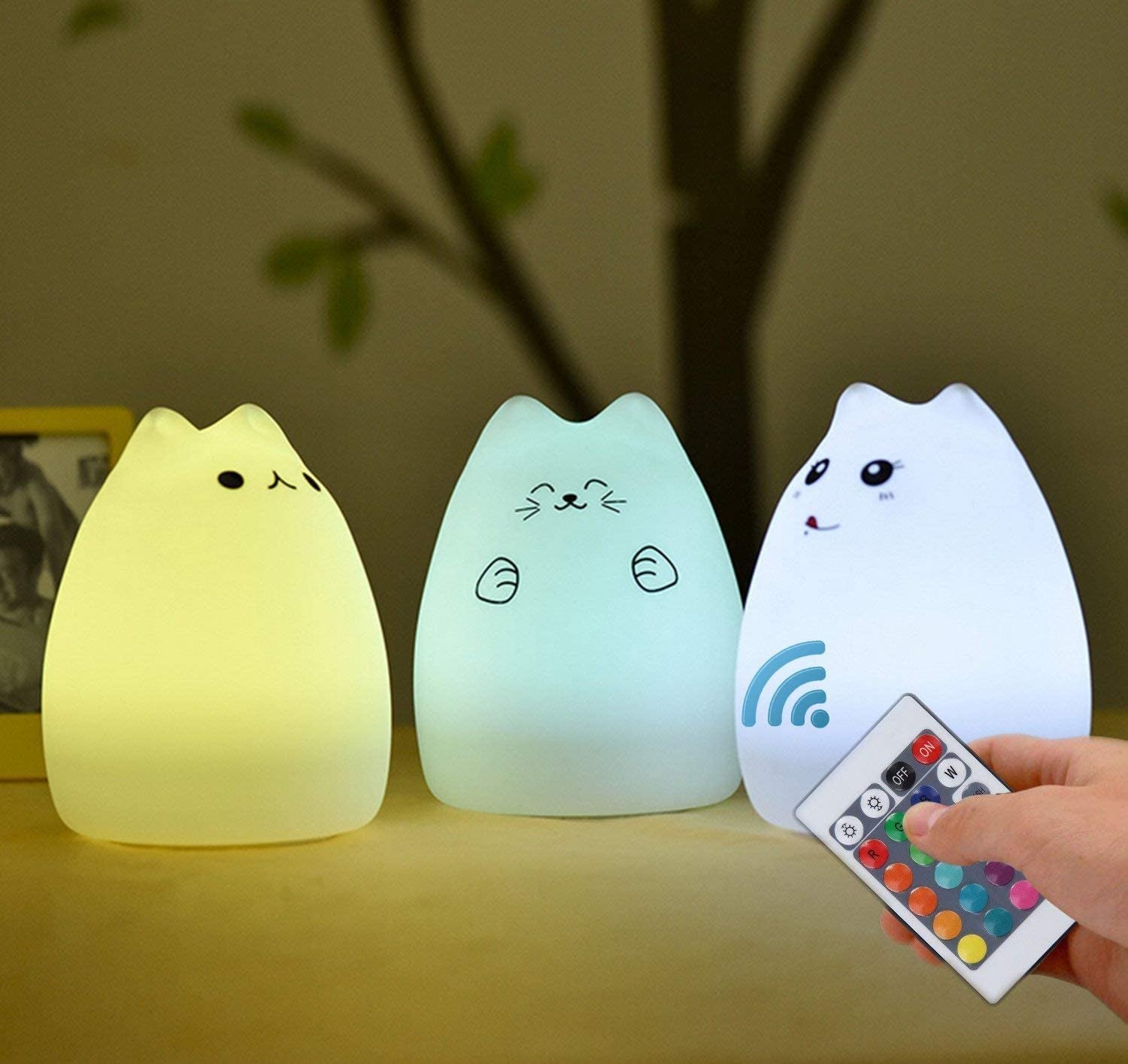 Charming Cat Lamp Set - Neojoy Remote Control Silicone Night Light for Kids & Toddlers, Rechargeable Kawaii Design, 4-Piece White Collection