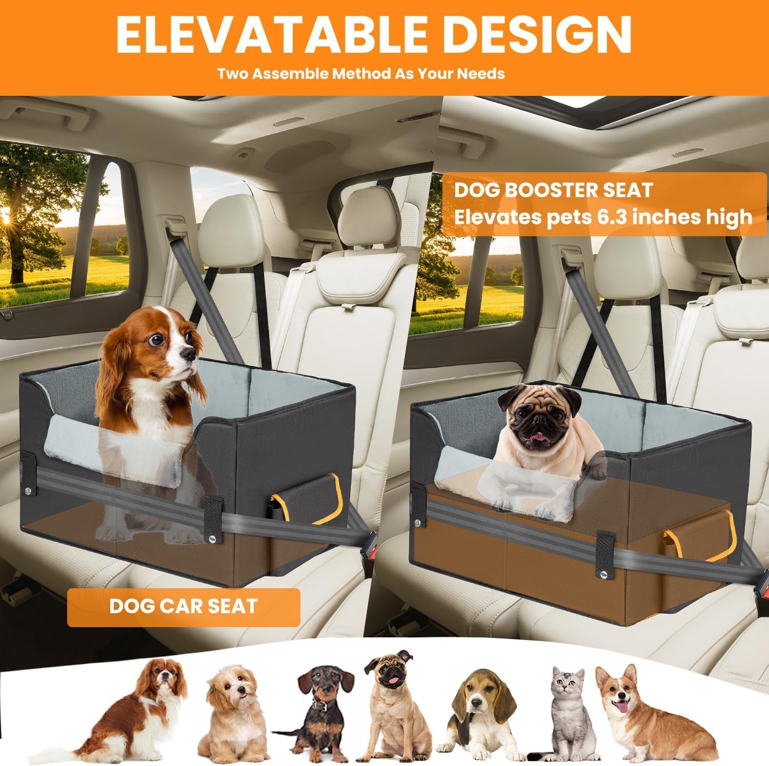 Premium Elevated Dog Car Seat - Adjustable Booster & Cozy Travel Carrier for Small Pets