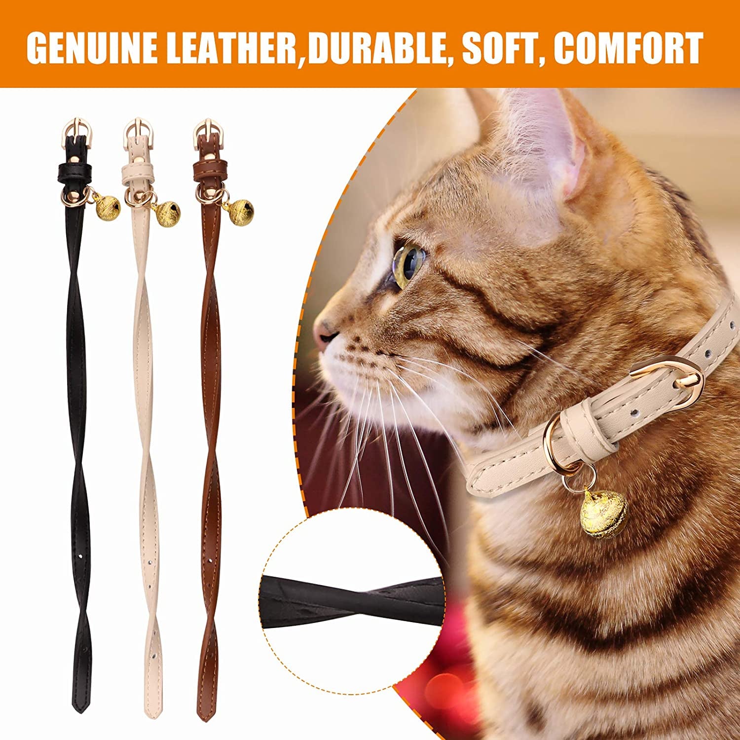 Chic 3-Pack Leather Cat Collars with Bells - Soft & Safe XS Kitten Collars in Black, Chocolate, and Beige